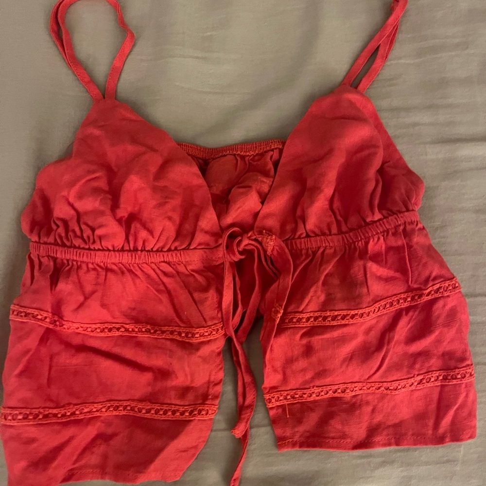 Tie front eyelet tank top worn